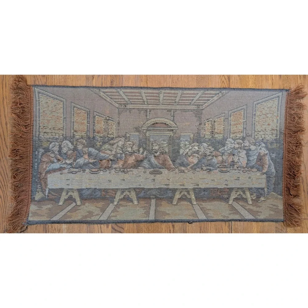 Vintage Last Supper Woven Tapestry Wall Hanging Fringe Religious Decor Brown‎